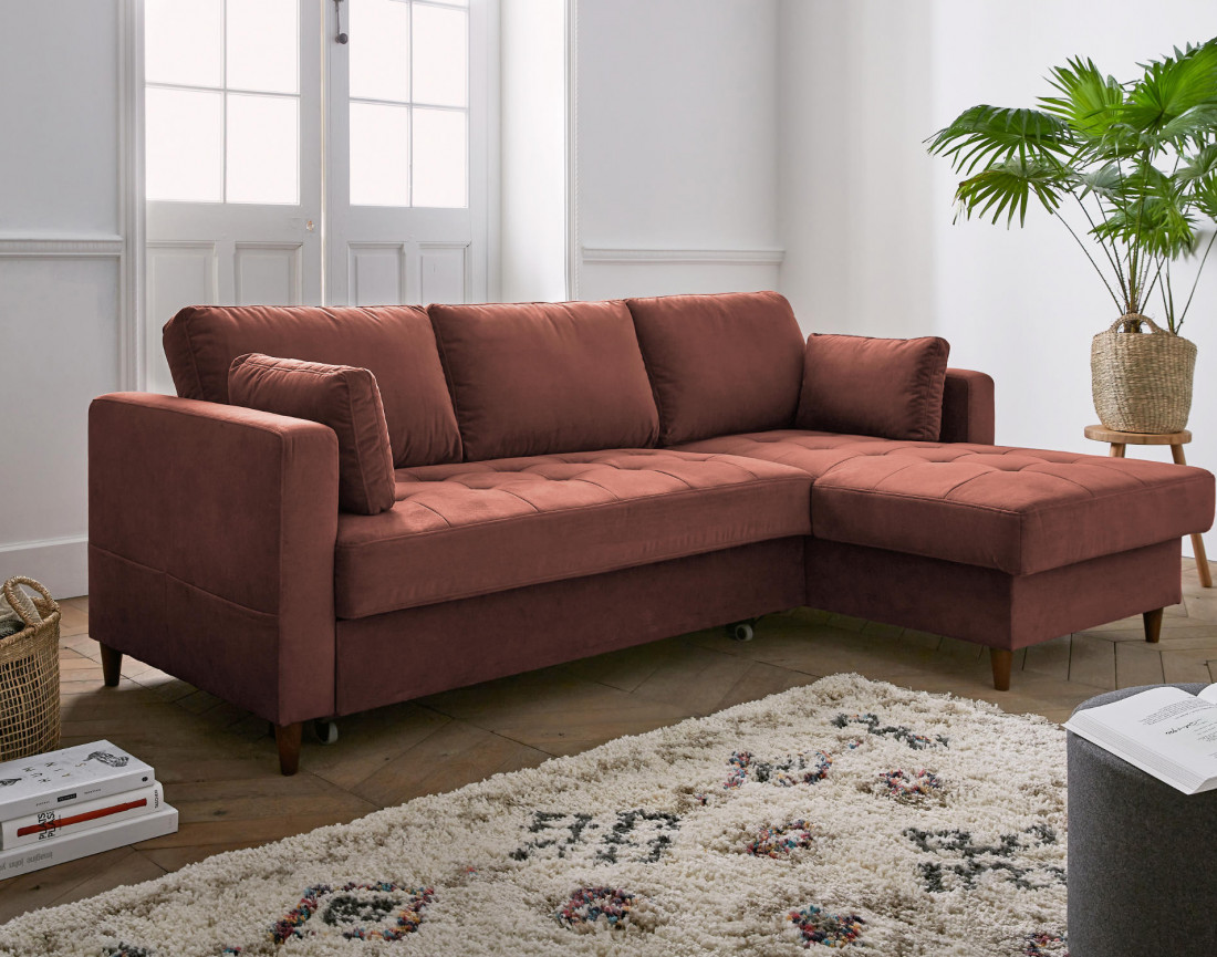 Canapé d'angle droit 4 places convertible avec coffre en velours Anna