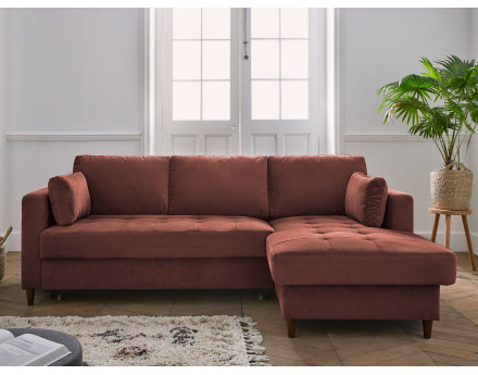 Canapé d'angle droit 4 places convertible avec coffre en velours Anna