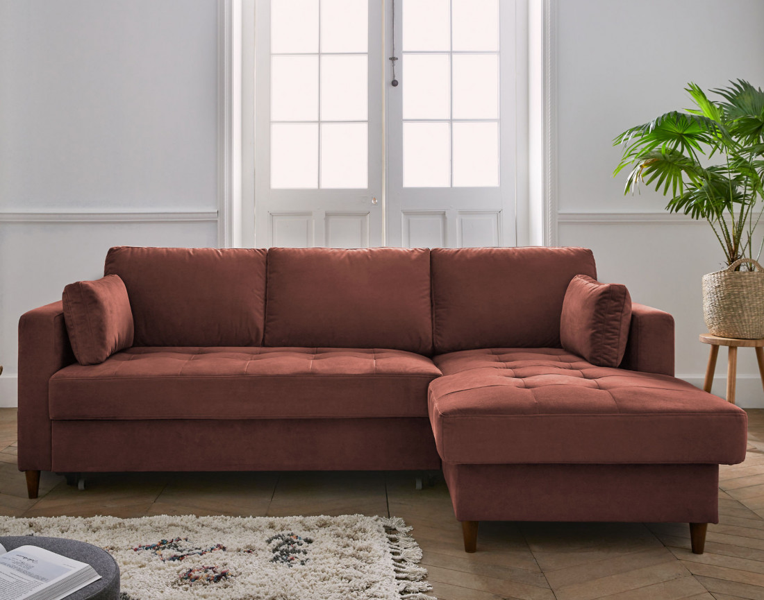 Canapé d'angle droit 4 places convertible avec coffre en velours Anna