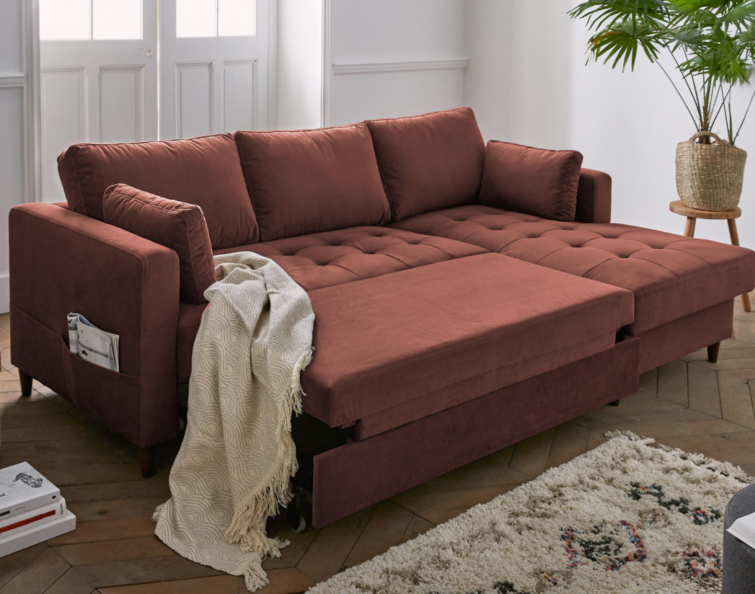 Canapé d'angle droit 4 places convertible avec coffre en velours Anna