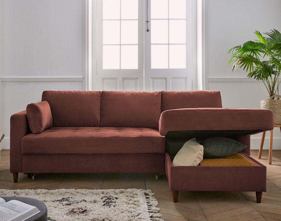 Canapé d'angle droit 4 places convertible avec coffre en velours Anna