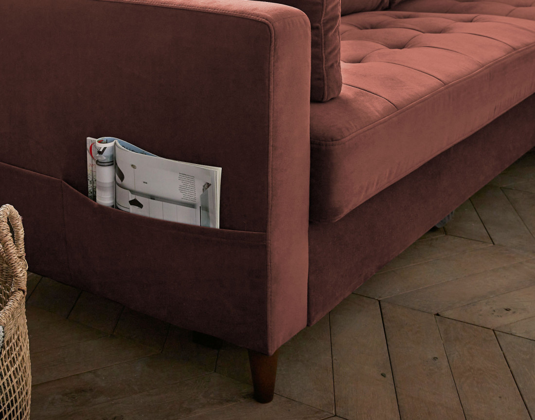 Canapé d'angle droit 4 places convertible avec coffre en velours Anna