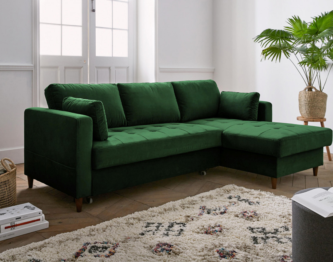 Canapé d'angle droit 4 places convertible avec coffre en velours Anna