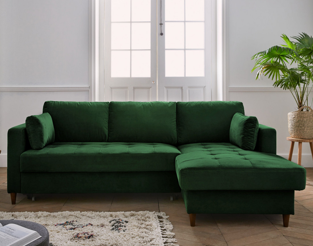 Canapé d'angle droit 4 places convertible avec coffre en velours Anna