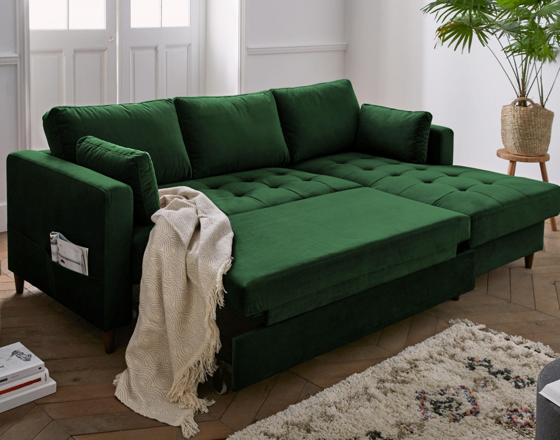 Canapé d'angle droit 4 places convertible avec coffre en velours Anna