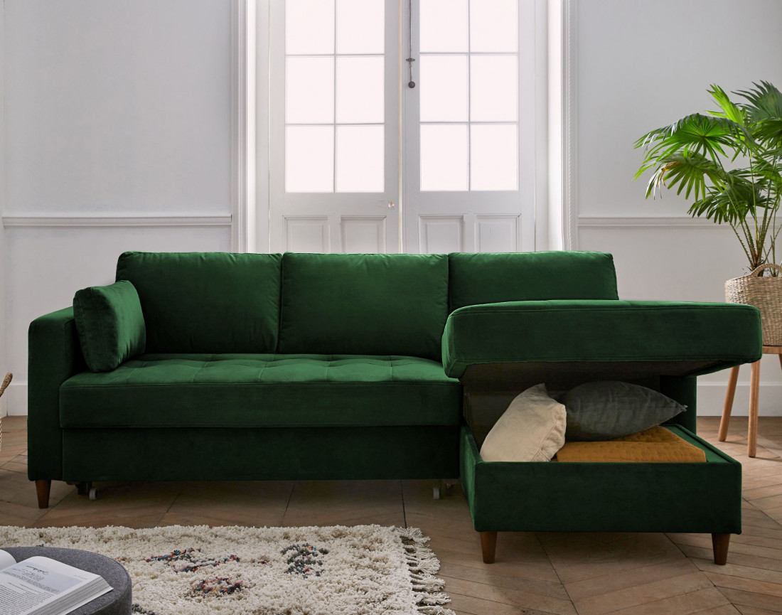 Canapé d'angle droit 4 places convertible avec coffre en velours Anna