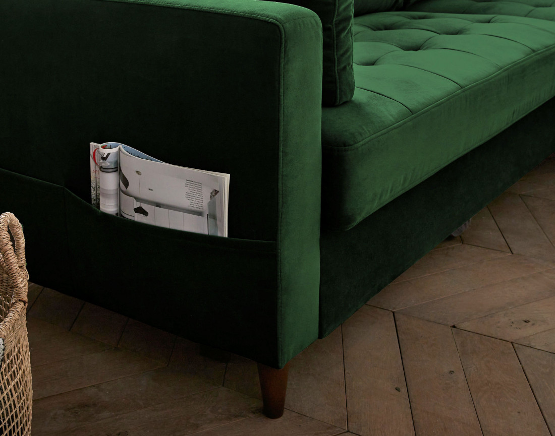 Canapé d'angle droit 4 places convertible avec coffre en velours Anna