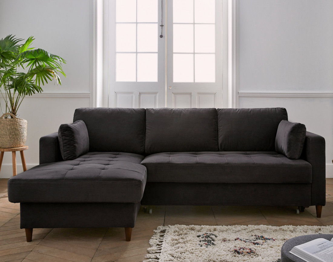 Canapé d'angle gauche 4 places convertible avec coffre en velours Anna