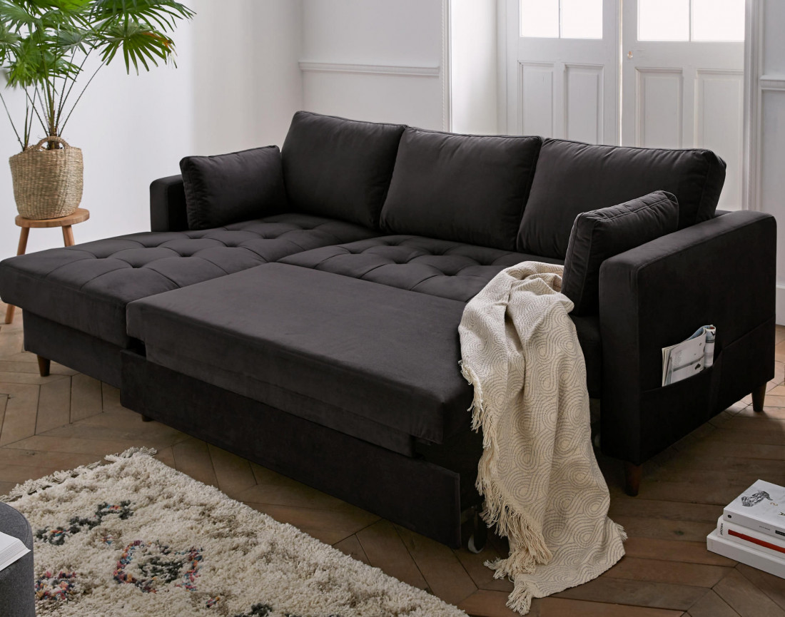 Canapé d'angle gauche 4 places convertible avec coffre en velours Anna