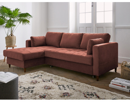 Canapé d'angle gauche 4 places convertible avec coffre en velours Anna