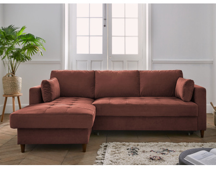 Canapé d'angle gauche 4 places convertible avec coffre en velours Anna