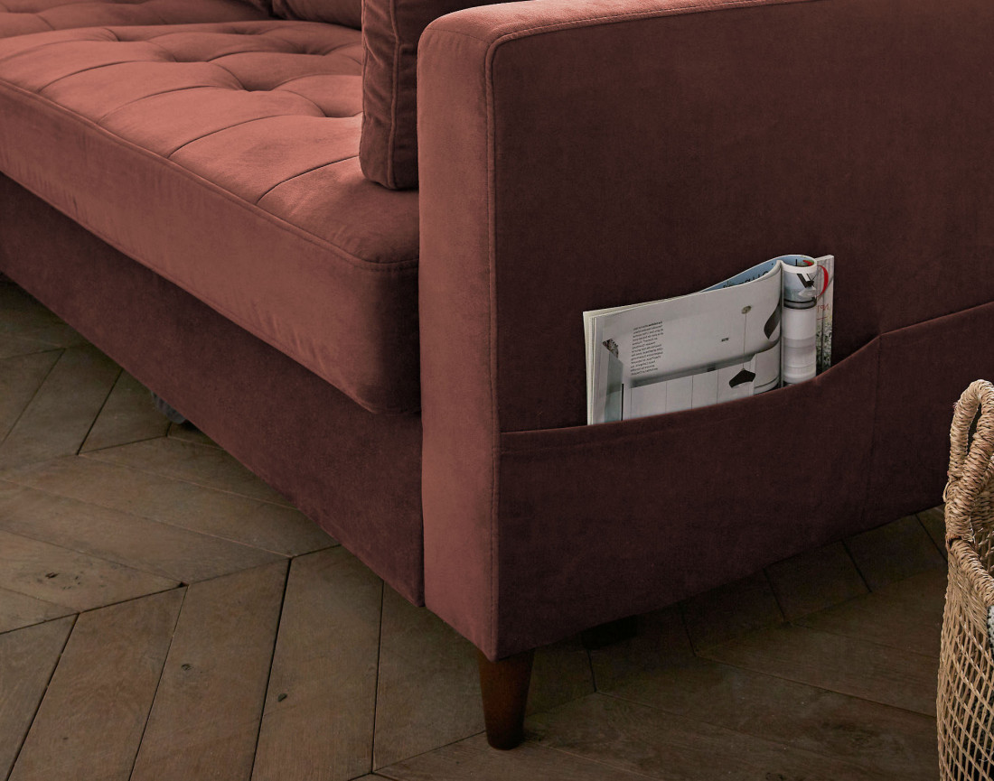 Canapé d'angle gauche 4 places convertible avec coffre en velours Anna