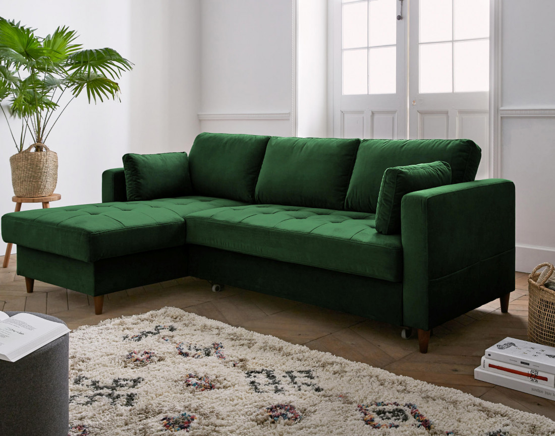 Canapé d'angle gauche 4 places convertible avec coffre en velours Anna