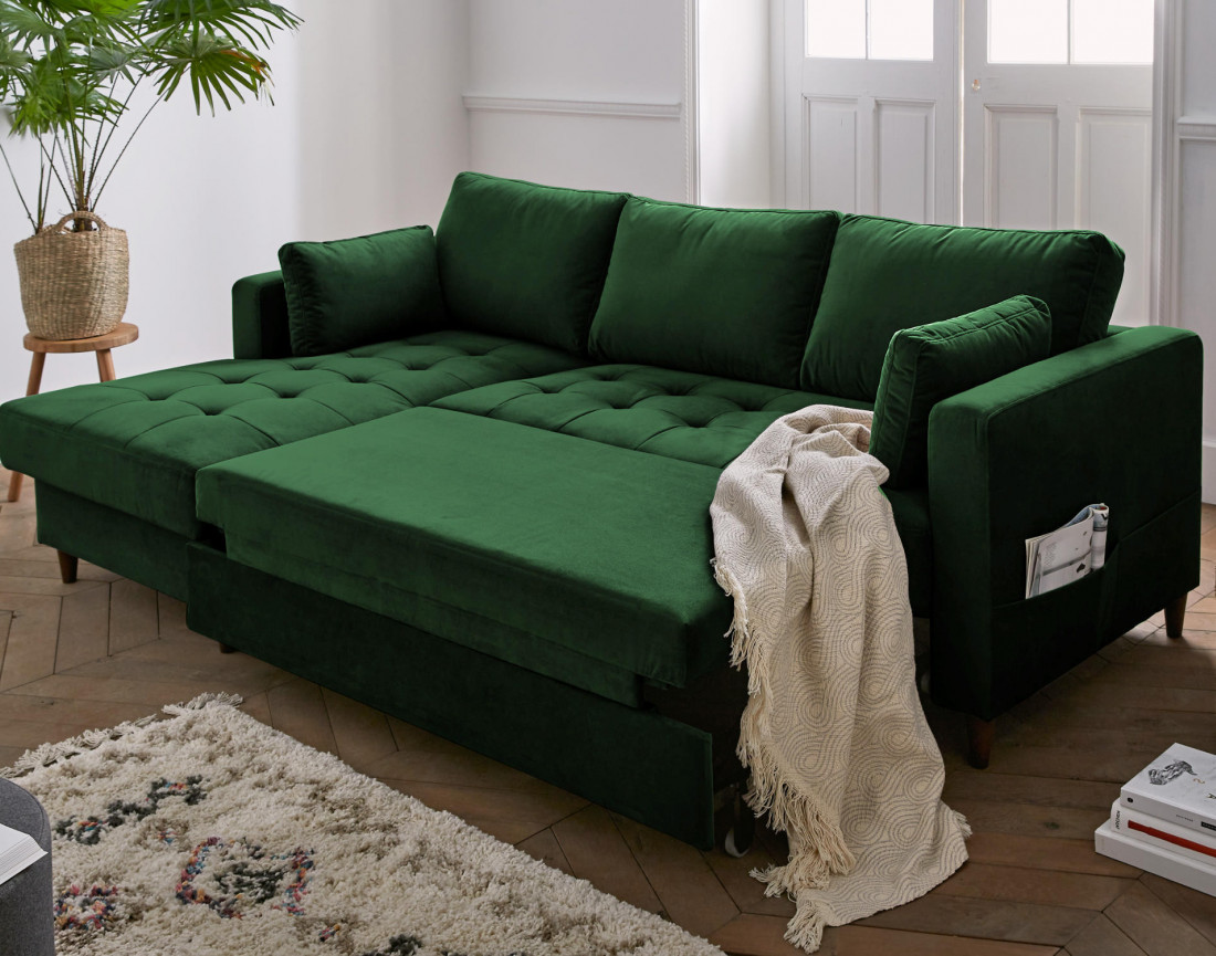 Canapé d'angle gauche 4 places convertible avec coffre en velours Anna