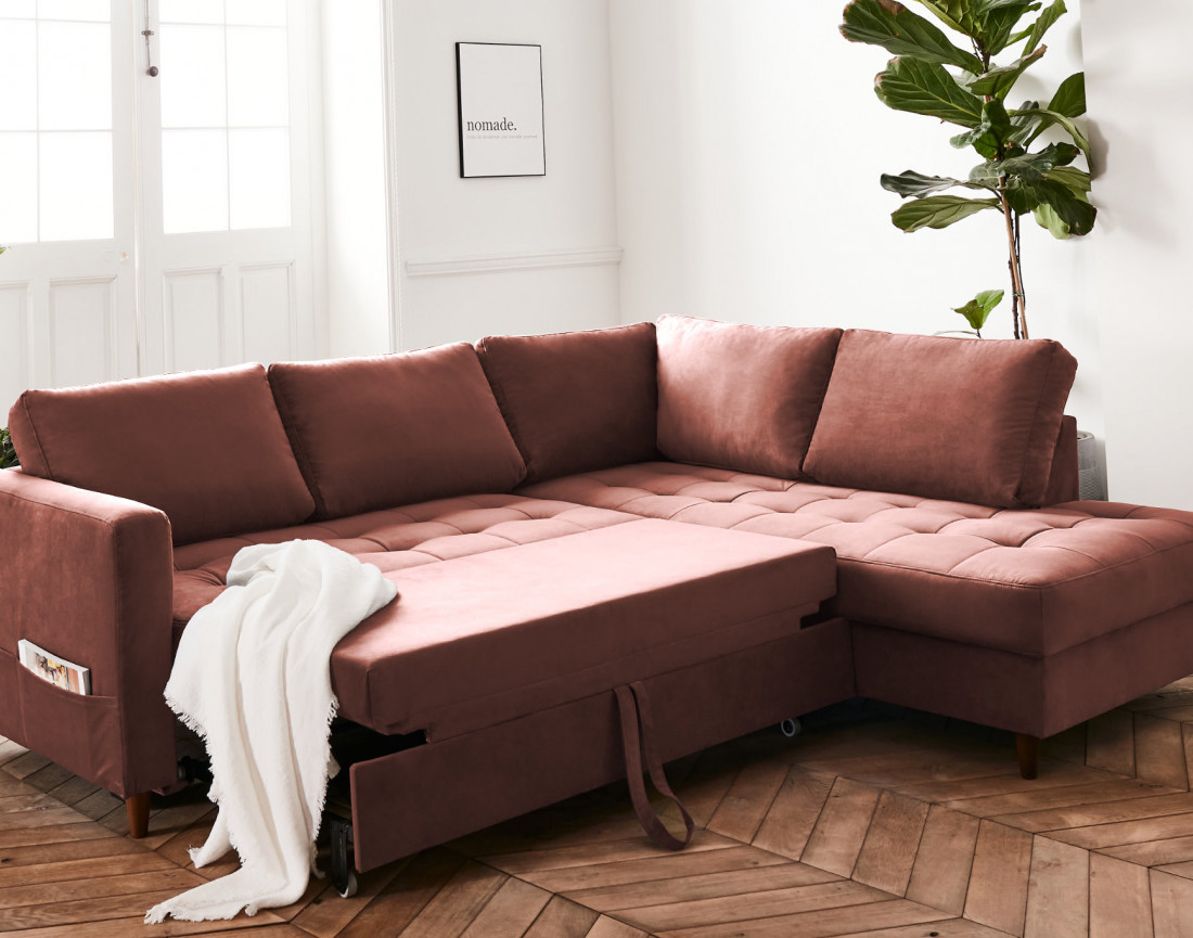 Canapé d'angle droit 5 places convertible en velours Anna