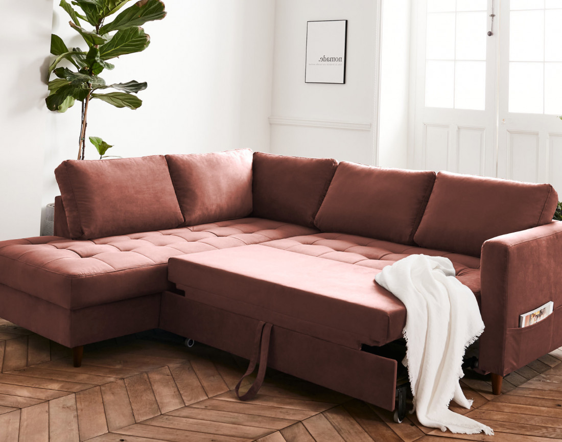 Canapé d'angle gauche 5 places convertible en velours Anna