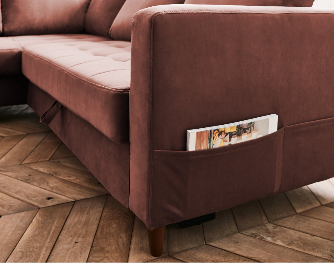 Canapé d'angle gauche 5 places convertible en velours Anna