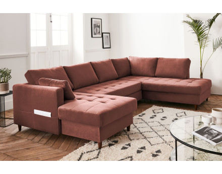 Canapé panoramique d'angle droit 7 places convertible avec coffre en velours Anna