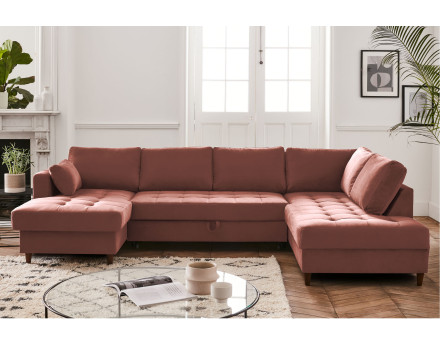 Canapé panoramique d'angle droit 7 places convertible avec coffre en velours Anna