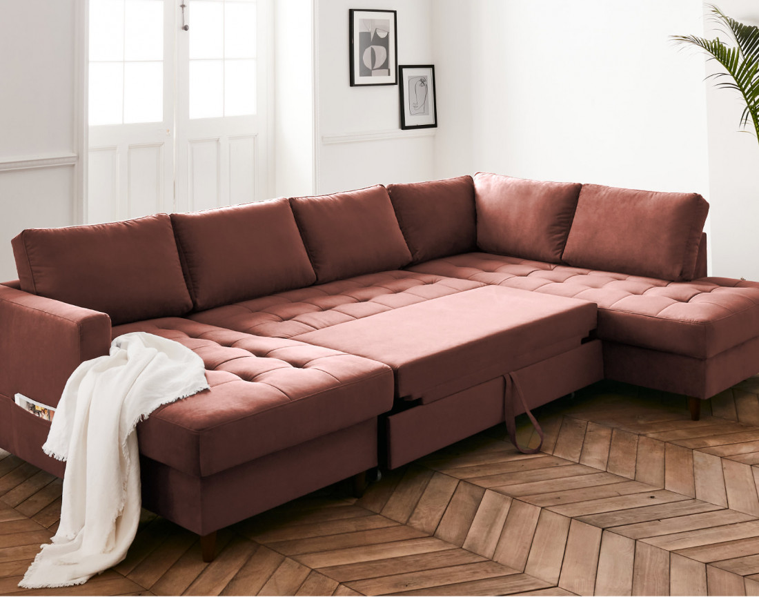 Canapé panoramique d'angle droit 7 places convertible avec coffre en velours Anna
