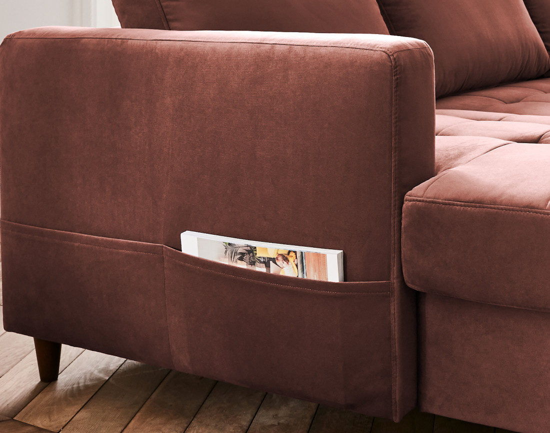 Canapé panoramique d'angle droit 7 places convertible avec coffre en velours Anna