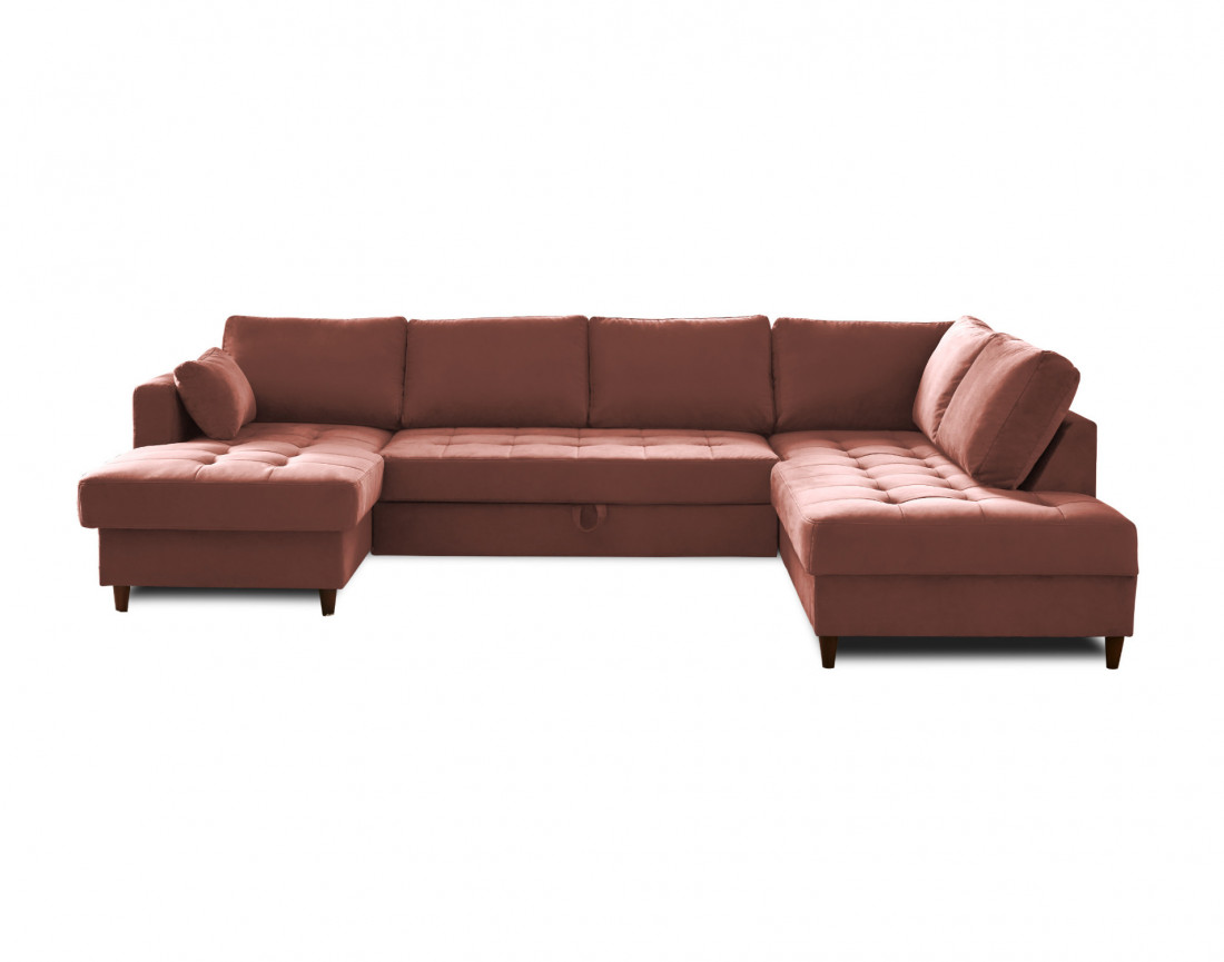 Canapé panoramique d'angle droit 7 places convertible avec coffre en velours Anna