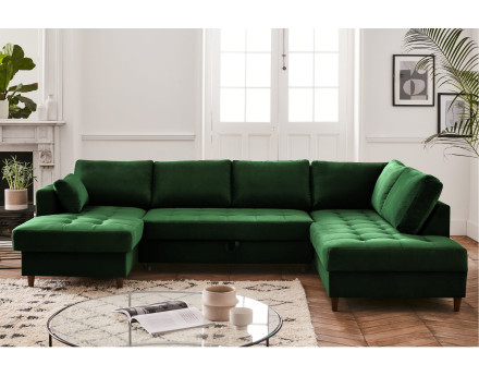 Canapé panoramique d'angle droit 7 places convertible avec coffre en velours Anna