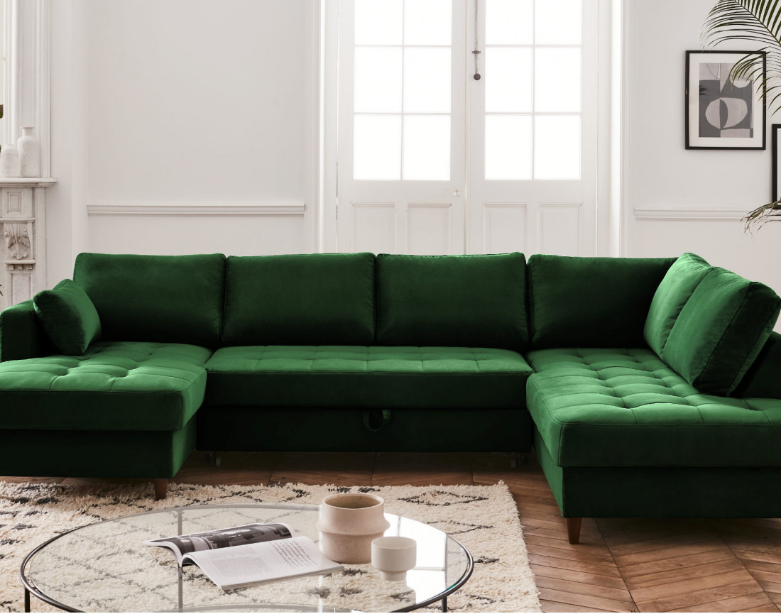 Canapé panoramique d'angle droit 7 places convertible avec coffre en velours Anna