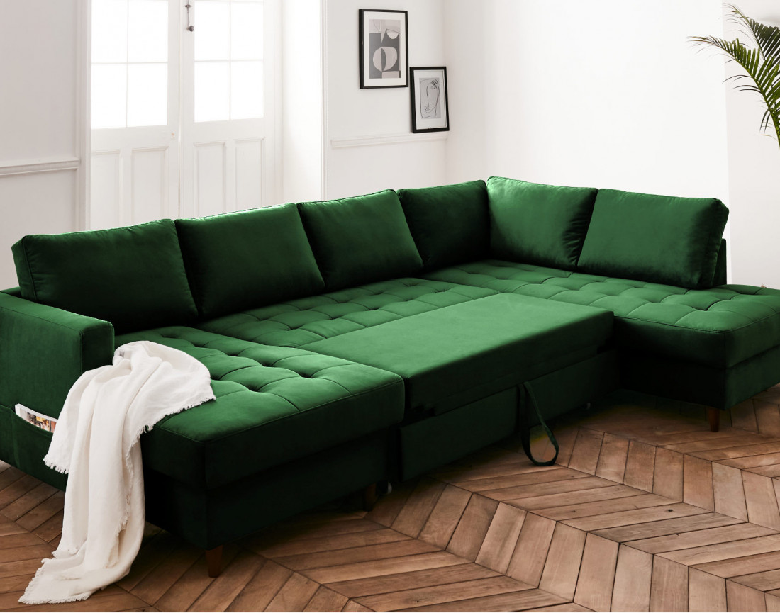 Canapé panoramique d'angle droit 7 places convertible avec coffre en velours Anna