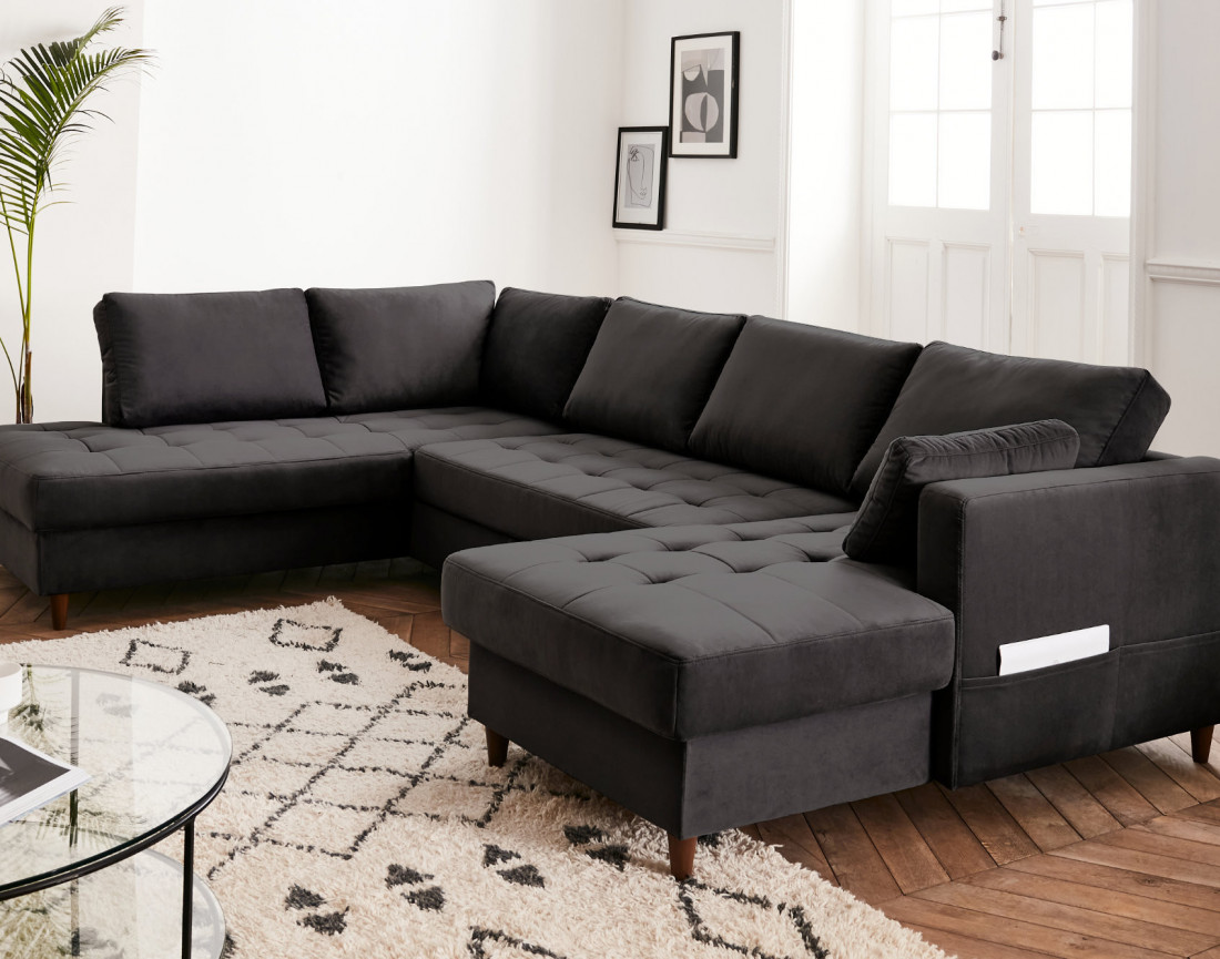 Canapé panoramique d'angle gauche 7 places convertible avec coffre en velours Anna