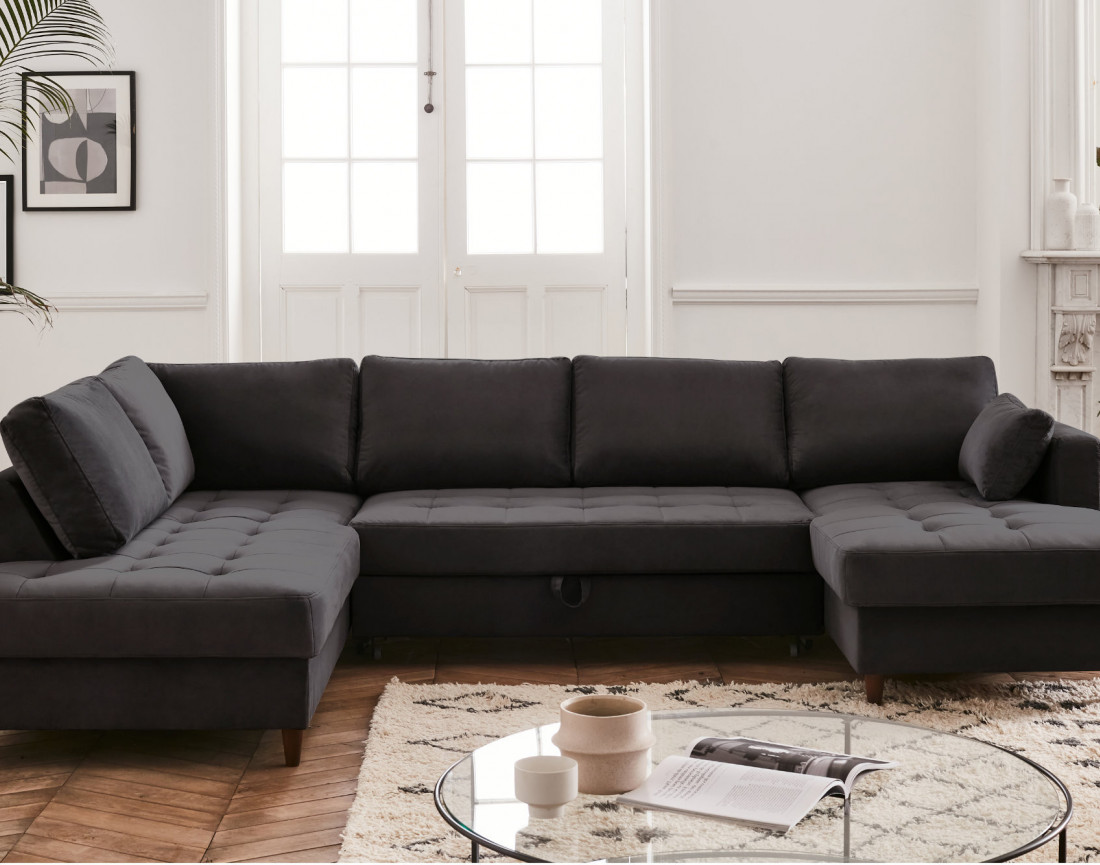 Canapé panoramique d'angle gauche 7 places convertible avec coffre en velours Anna