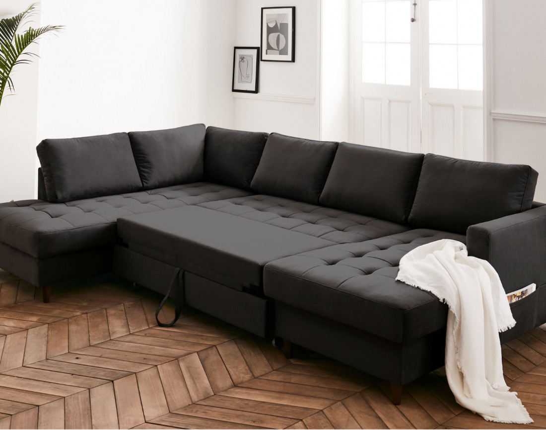 Canapé panoramique d'angle gauche 7 places convertible avec coffre en velours Anna