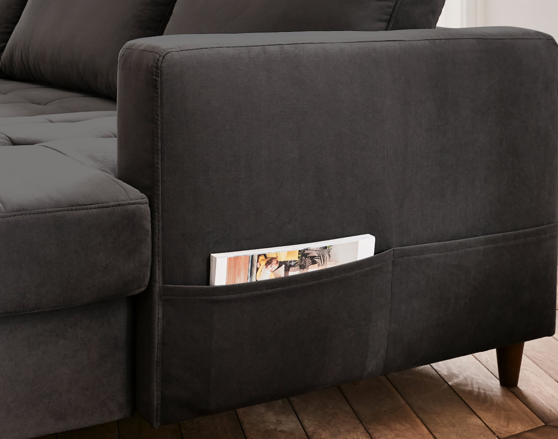 Canapé panoramique d'angle gauche 7 places convertible avec coffre en velours Anna