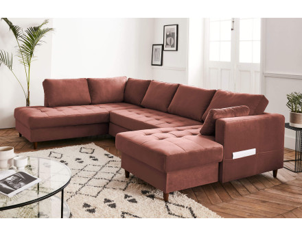 Canapé panoramique d'angle gauche 7 places convertible avec coffre en velours Anna