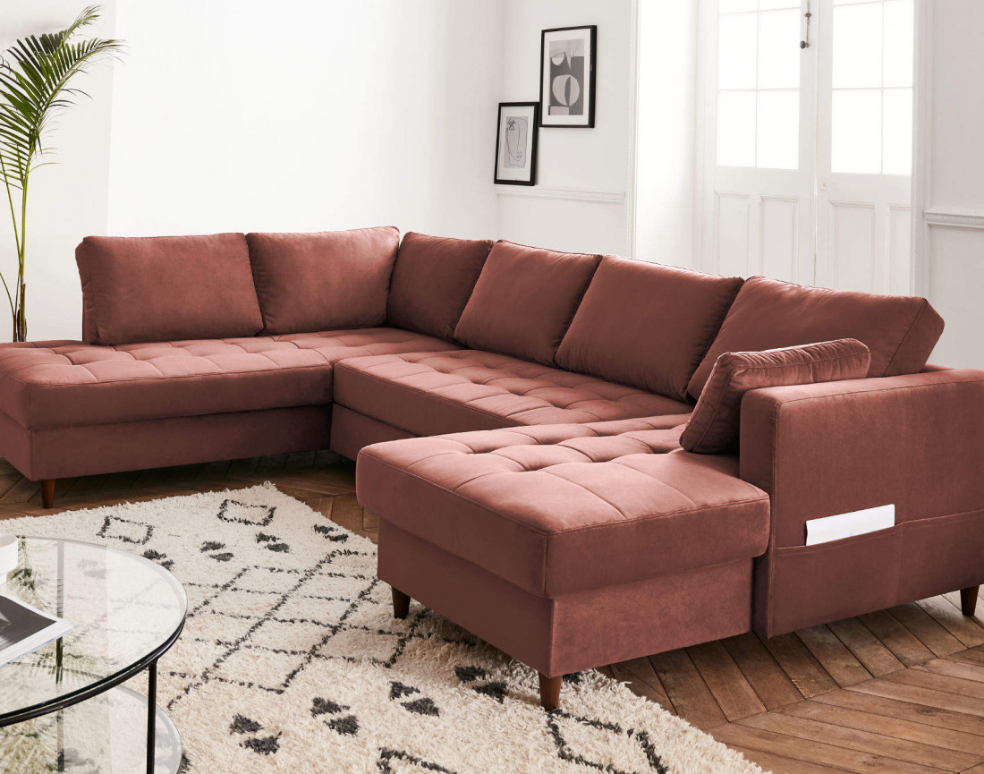 Canapé panoramique d'angle gauche 7 places convertible avec coffre en velours Anna