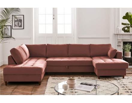 Canapé panoramique d'angle gauche 7 places convertible avec coffre en velours Anna