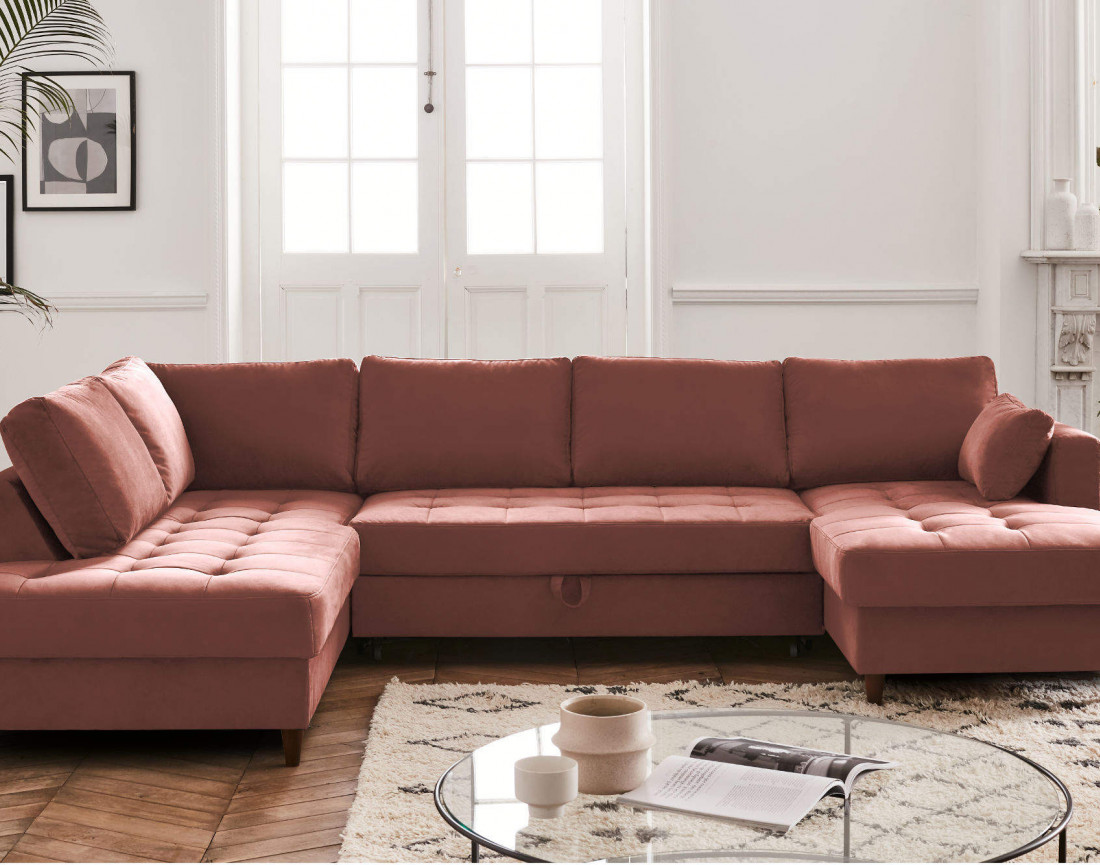 Canapé panoramique d'angle gauche 7 places convertible avec coffre en velours Anna