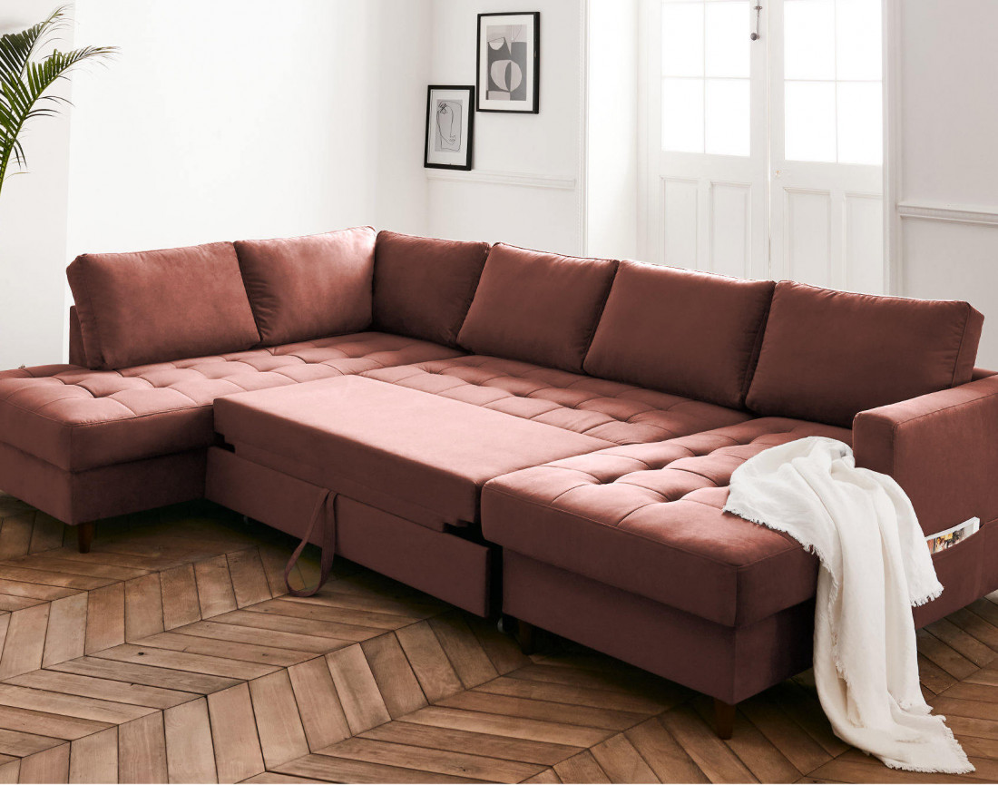 Canapé panoramique d'angle gauche 7 places convertible avec coffre en velours Anna