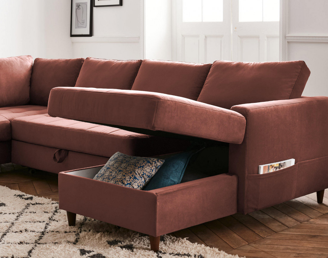 Canapé panoramique d'angle gauche 7 places convertible avec coffre en velours Anna