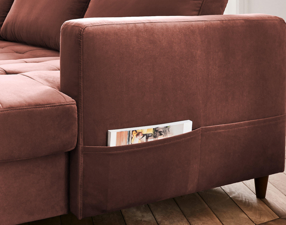 Canapé panoramique d'angle gauche 7 places convertible avec coffre en velours Anna