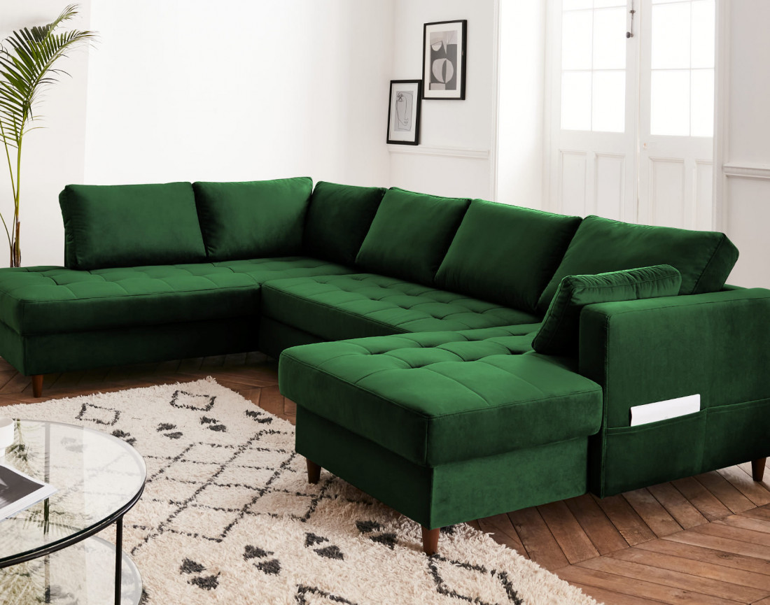 Canapé panoramique d'angle gauche 7 places convertible avec coffre en velours Anna