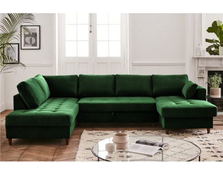 Canapé panoramique d'angle gauche 7 places convertible avec coffre en velours Anna