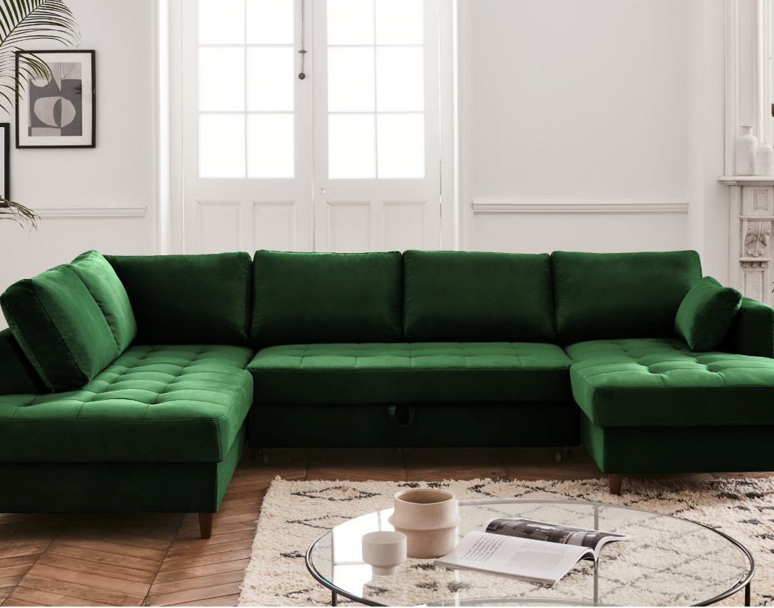 Canapé panoramique d'angle gauche 7 places convertible avec coffre en velours Anna