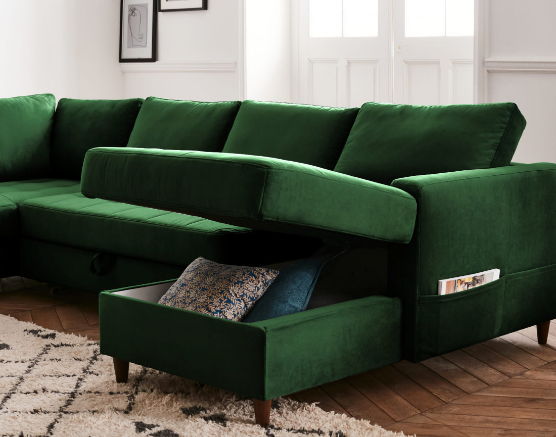 Canapé panoramique d'angle gauche 7 places convertible avec coffre en velours Anna