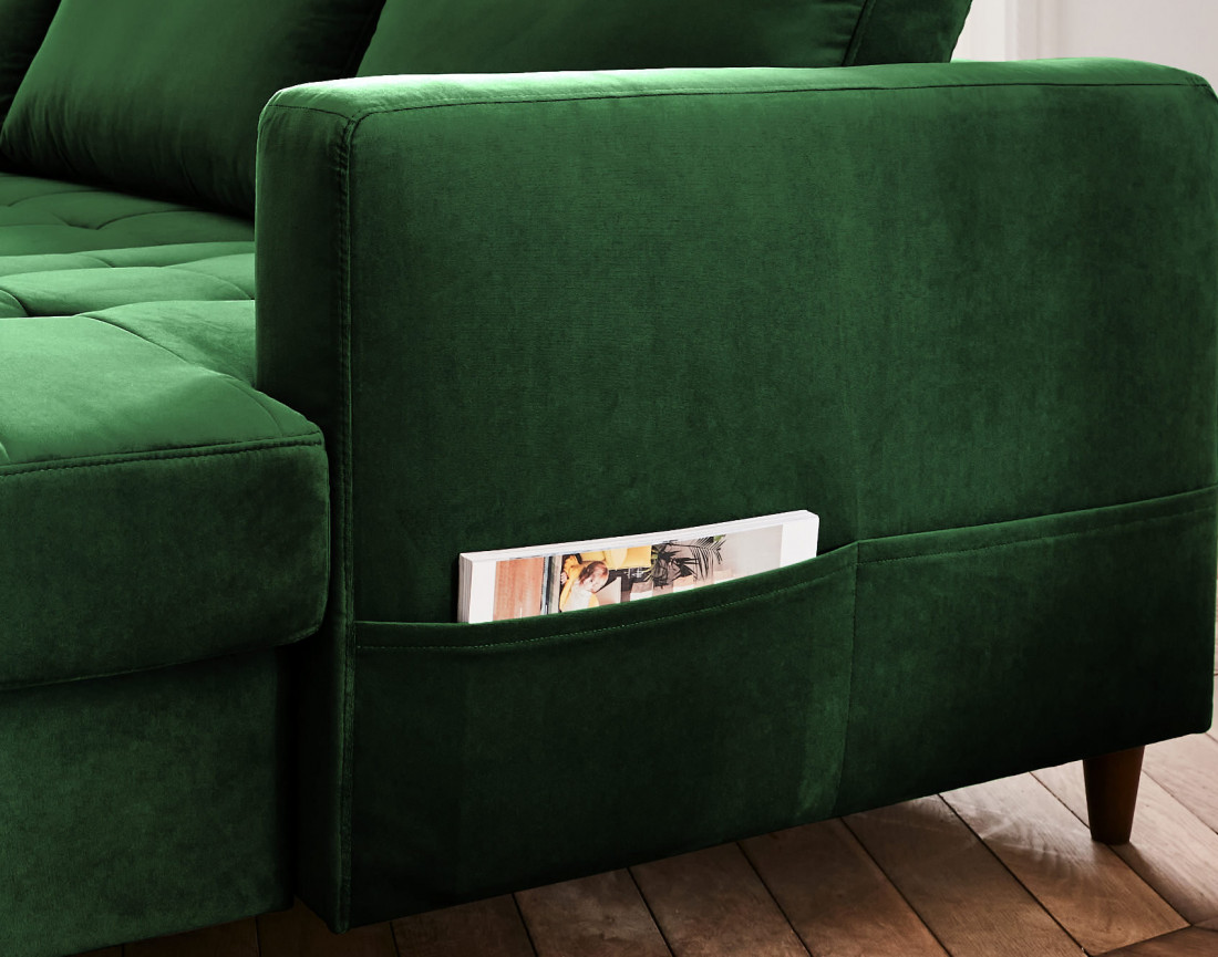 Canapé panoramique d'angle gauche 7 places convertible avec coffre en velours Anna