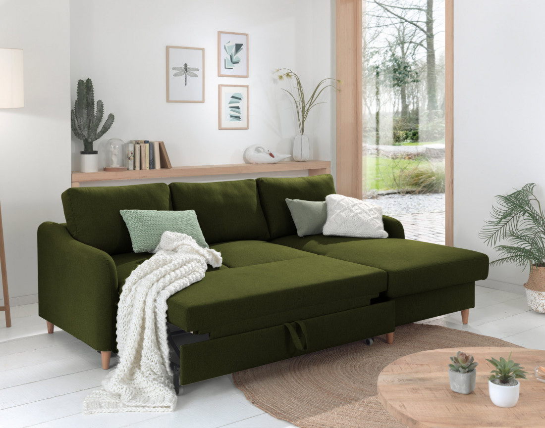 Canapé d'angle droit convertible avec coffre 4 places en tissu Will