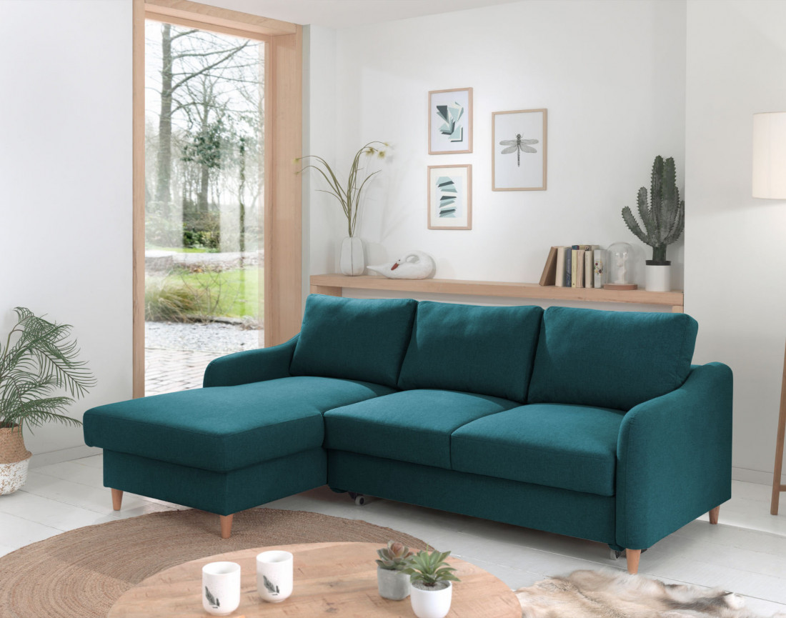 Canapé d'angle gauche convertible avec coffre 4 places en tissu Will