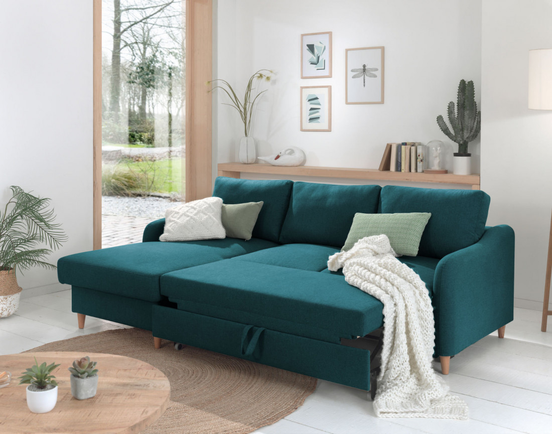 Canapé d'angle gauche convertible avec coffre 4 places en tissu Will