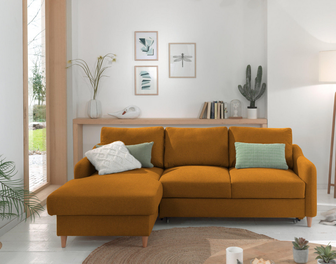 Canapé d'angle gauche convertible avec coffre 4 places en tissu Will