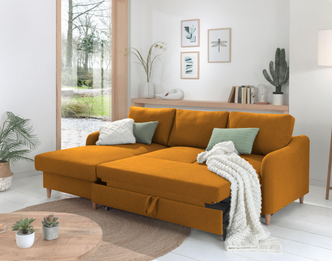 Canapé d'angle gauche convertible avec coffre 4 places en tissu Will